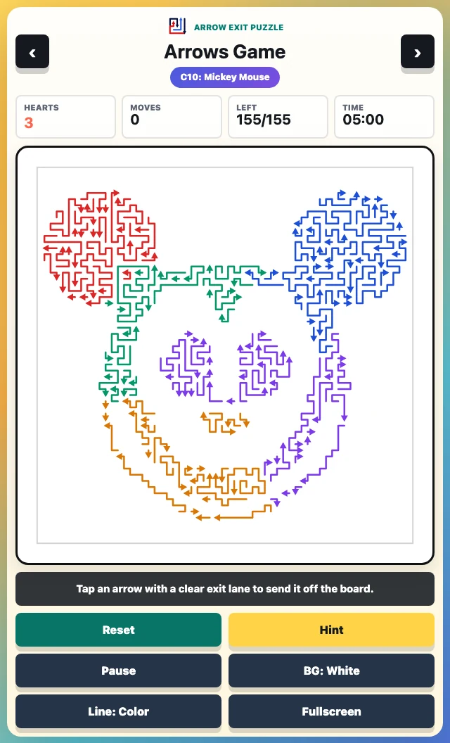 Arrows Game C10 Mickey Mouse challenge screenshot with line arrow puzzle pieces